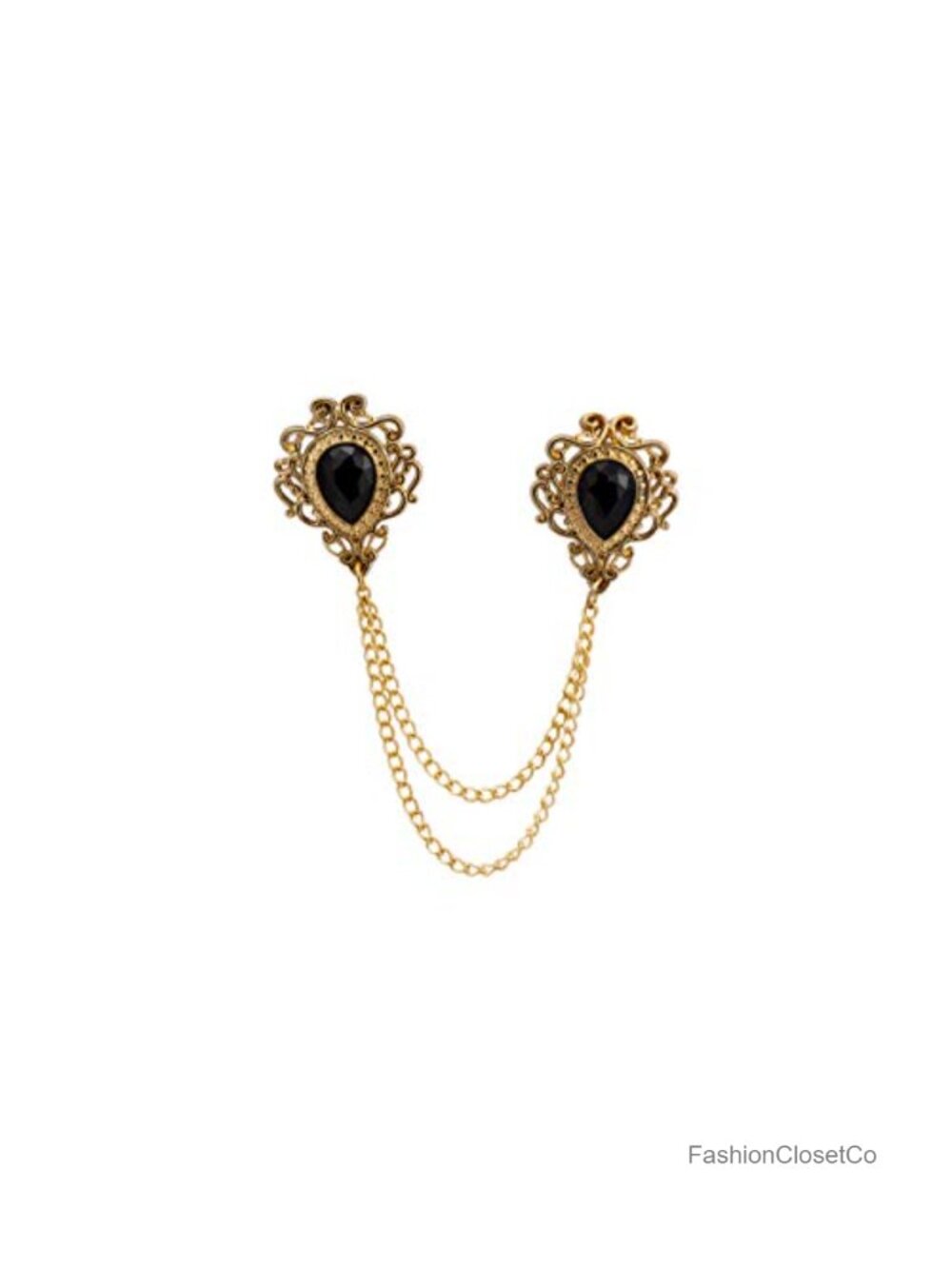 Knighthood Brooch Pin Black Stone Gold Engraving Chain Lapel Pin Accessories